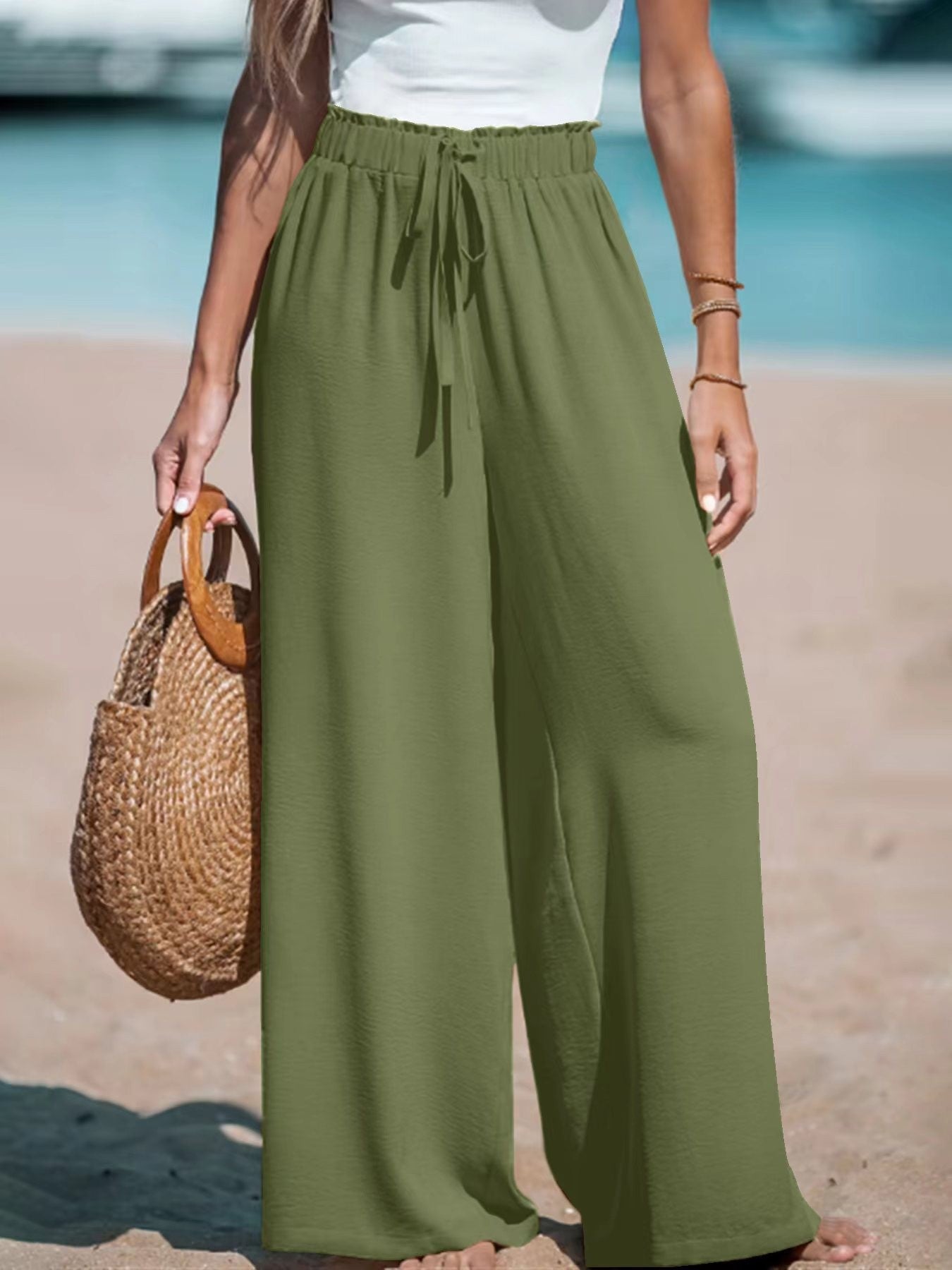 Women Wide Leg Pants High Waisted Trousers Linen Palazzo Lounge Beach Cover Ups Flowy Pants - Seldom Seen Styles