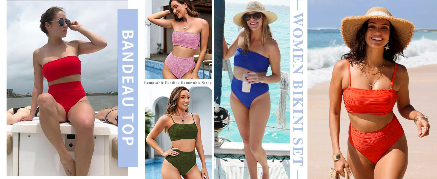 Tube Top Bikini Sets for Women Removable Strap Pad Color Block Two Piece Swimming Suit Swimwear - Seldom Seen Styles