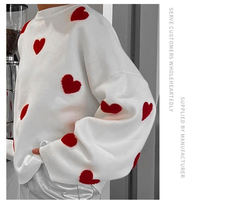 Women's Spring Heart Print Long Sleeve Crewneck Knitting Jumper, Comfort Round Neck Sweater for Daily Streetwear, Tiktop Shop, Lady's Top for Spring - Seldom Seen Styles