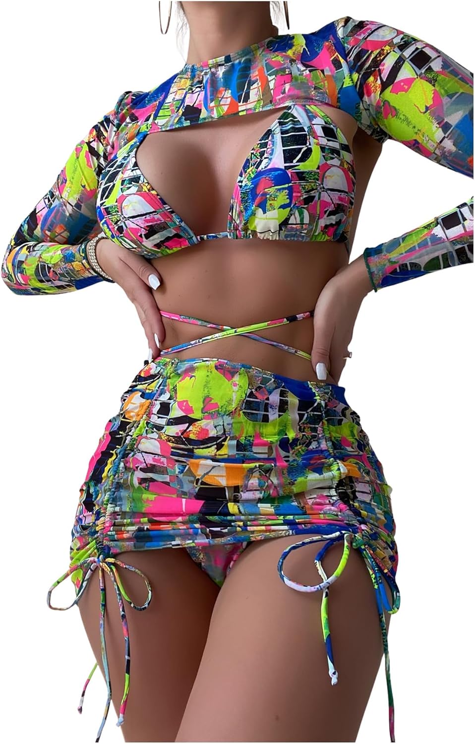 Women's 4 Piece Swimsuits Print Halter Bikini Set Bathing Suits with Cover Up - Seldom Seen Styles