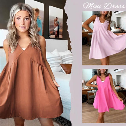 Women's Summer Sleeveless Mini Dress Casual Loose V Neck Sundress with Pockets - Seldom Seen Styles