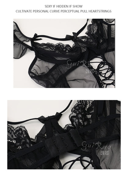 Wunderschöner, sexy Netzstoff, schmal geschnittener Body zum Binden, offener Schritt, Versuchung, reine Lust, erotische Dessous, Uniform-Set
