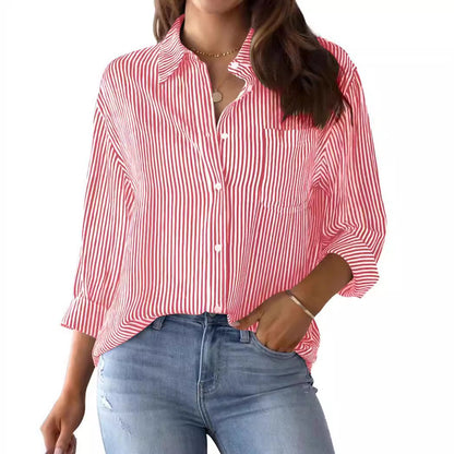 Womens Button Down Shirts Striped Classic Long Sleeve Collared Office Work Blouses Tops with Pocket