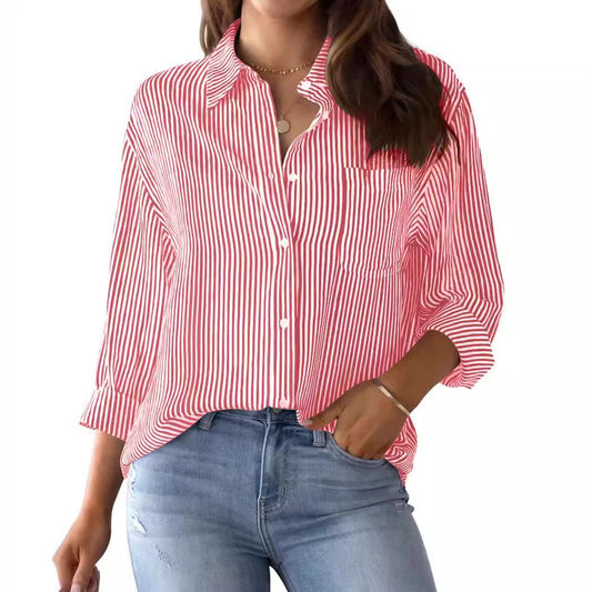 AISEW Damen Button-Down-Hemd, gestreift, klassisch, Langarm, Kragen, Büro, Arbeit, Bluse, Tops mit Tasche