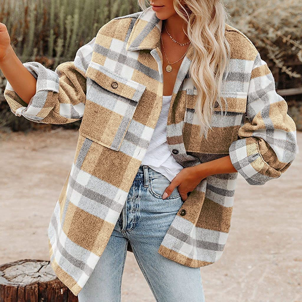 Beaully Damen Flanell Plaid Shacket Langarm Button-Down-Hemden Jacke Mäntel mit Seitentaschen 