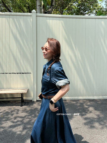 Women's Denim Short Sleeve Lapel Collar Gold Button Belted A-Line Maxi Dress Dual Chest Pockets with Free Braided Belt Dark Blue Light Blue S M Cotton Candy 288563