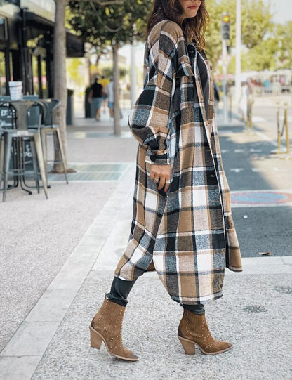 Women Fall Flannel Plaid Shacket Jacket Oversized Button Down Long Shirt Jacket