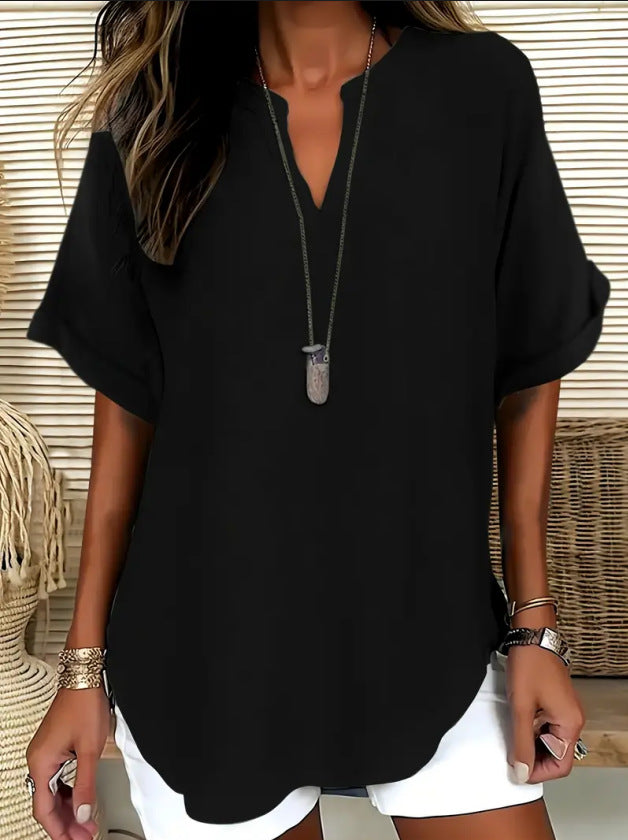 Women's Plain Shortsleeve Blouse, Casual Solid Color Top for Daily Wear, Ladies Clothes for All Seasons, Womenswear, Shirtswomen - Seldom Seen Styles