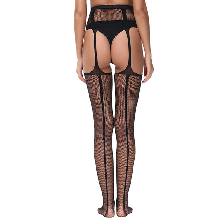 Trendy Open-Crotch Lace Transparent Suspender Black Silk Sexy Fishnet Stockings Non-Slip One-Piece Garter Belt for Women7546 - Seldom Seen Styles