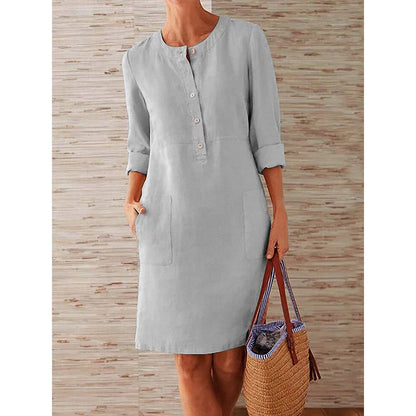 Spring New Popular plus Size Women's Clothing Cotton and Linen round-Neck Long-Sleeved Dress