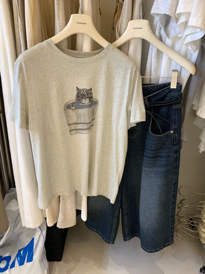 Vintage Katzen-T-Shirt mit Grafik – Süßer Kätzchen-Print, lockere Passform, lässiger Stil im Korea-Look
