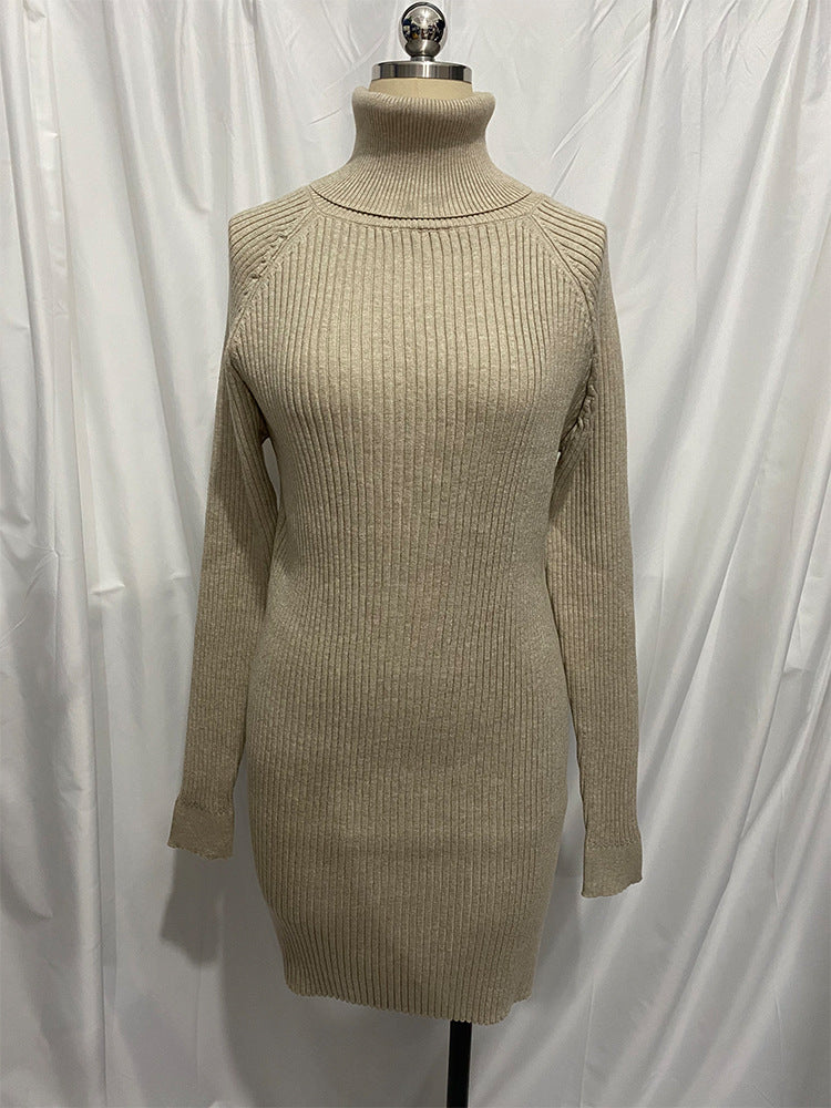 Long Sleeve High Collar Sweater Dress Women Casual Loose Thick Sunken Stripe Solid Color Sheath 2023 Autumn and Winter Knitting Dress