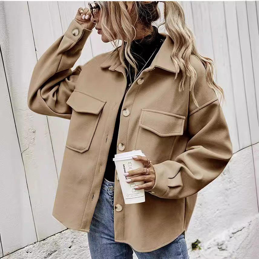 Cross-Border Foreign Trade European and American Women's Clothing Amazon2024Fall and Winter Lapels Single-Breasted Thickened Solid Color Wool Baggy Coat