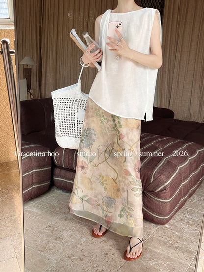Vintage Oil Painting Floral Print Midi Skirt 100% Polyester Side Zip A-Line Elegant Summer Skirt