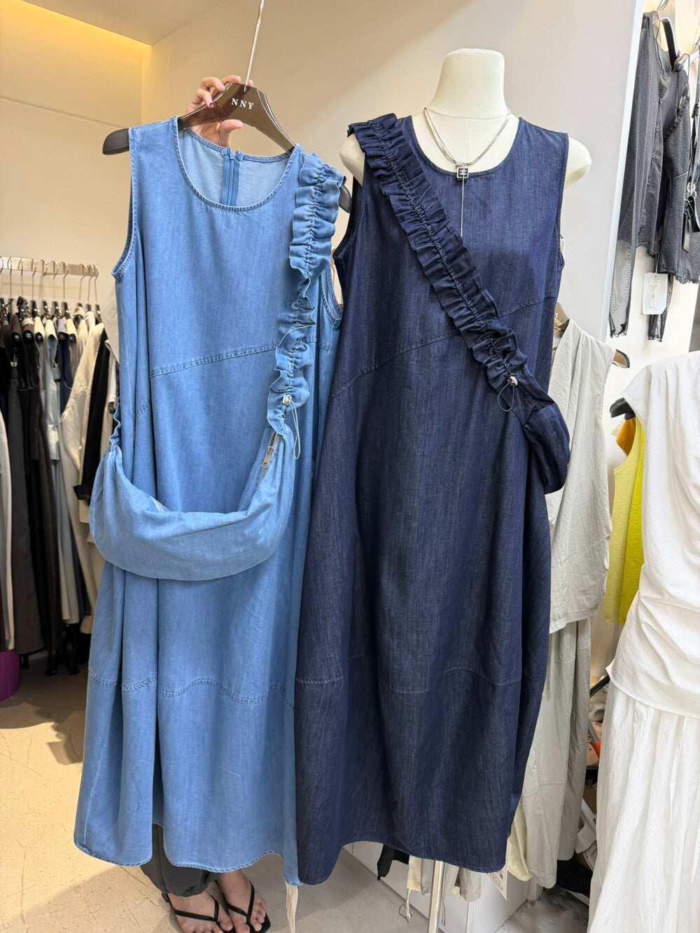 Women's Denim Sleeveless Diagonal Ruffle Trim A-Line Maxi Dress Drawstring Detail Light Blue Dark Navy One Size NNY with Free Bag - Seldom Seen Styles