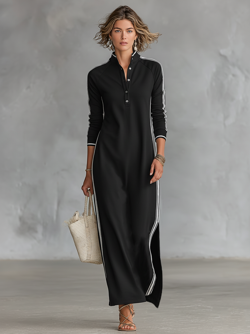 Women's Minimalist White-trimmed Button-down Collar Sweatshirt Dress Maxi Dress MDA0958L0Y - Seldom Seen Styles