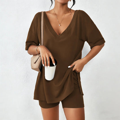 Mother's Day EKOUAER V-neck Two-Piece Pajama Set For Women Summer Casual Oversized Split Hem Shirts & Biker Shorts Minimalist Lounge Wear Soft Homewear Cozy Pjs Clothes Comfy