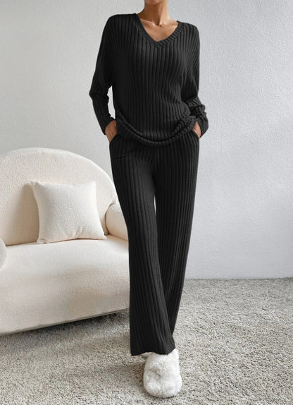 V Collar  Stripe Knitted Suit Two-Piece Set for Women2024Autumn New Fashion Casual Straight-Leg Pants Loose Temperament