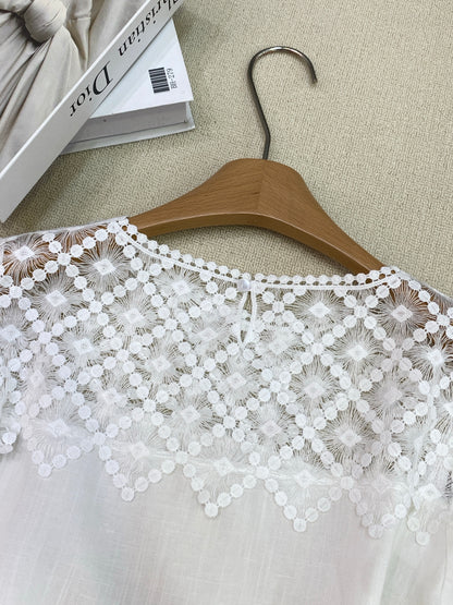Women's Lace Patchwork Puff Sleeve Blouse Shorts Two-Piece Set Linen Cotton Summer Beach Vacation Outfit