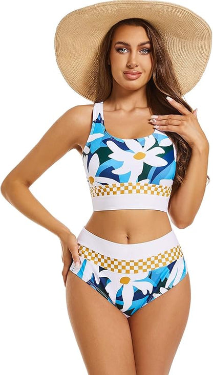 2 Piece Swimsuit for Women 2024 High-Waisted Color Block Bathing Suits Modest Sporty Bikinis Set - Seldom Seen Styles