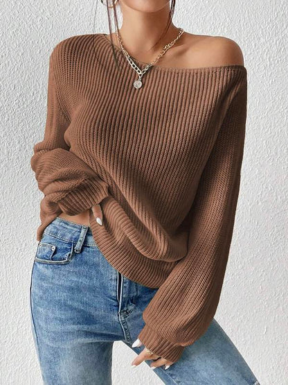 Women's Minimalist Solid Drop Shoulder Asymmetrical Neck Knit Top