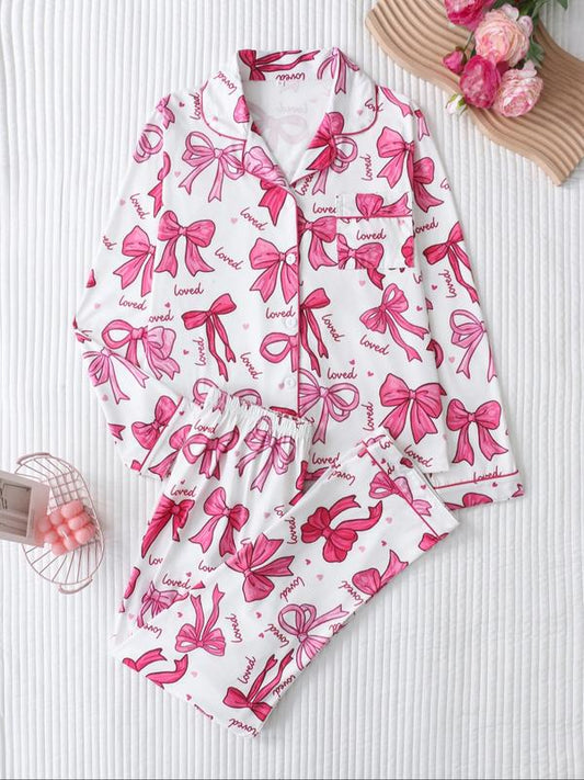 Two-piece Set Women's Christmas Print Button Front Pocket Shirt & Elastic Waist Pants Pyjama