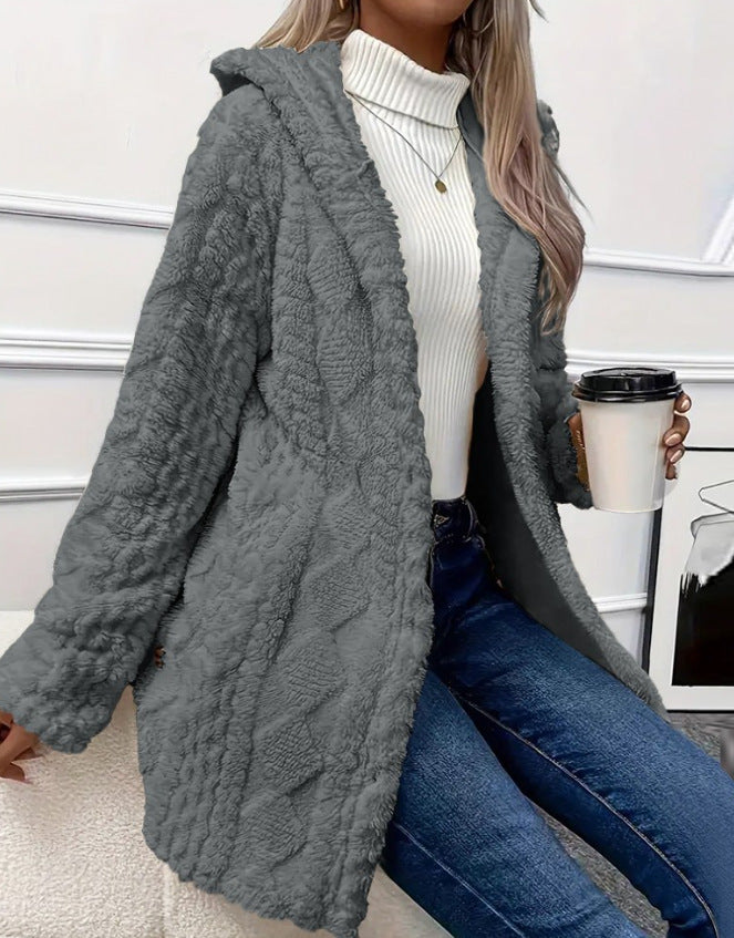 Autumn and Winter Warm Fashion Jacquard Plush Hooded Cardigan Coat