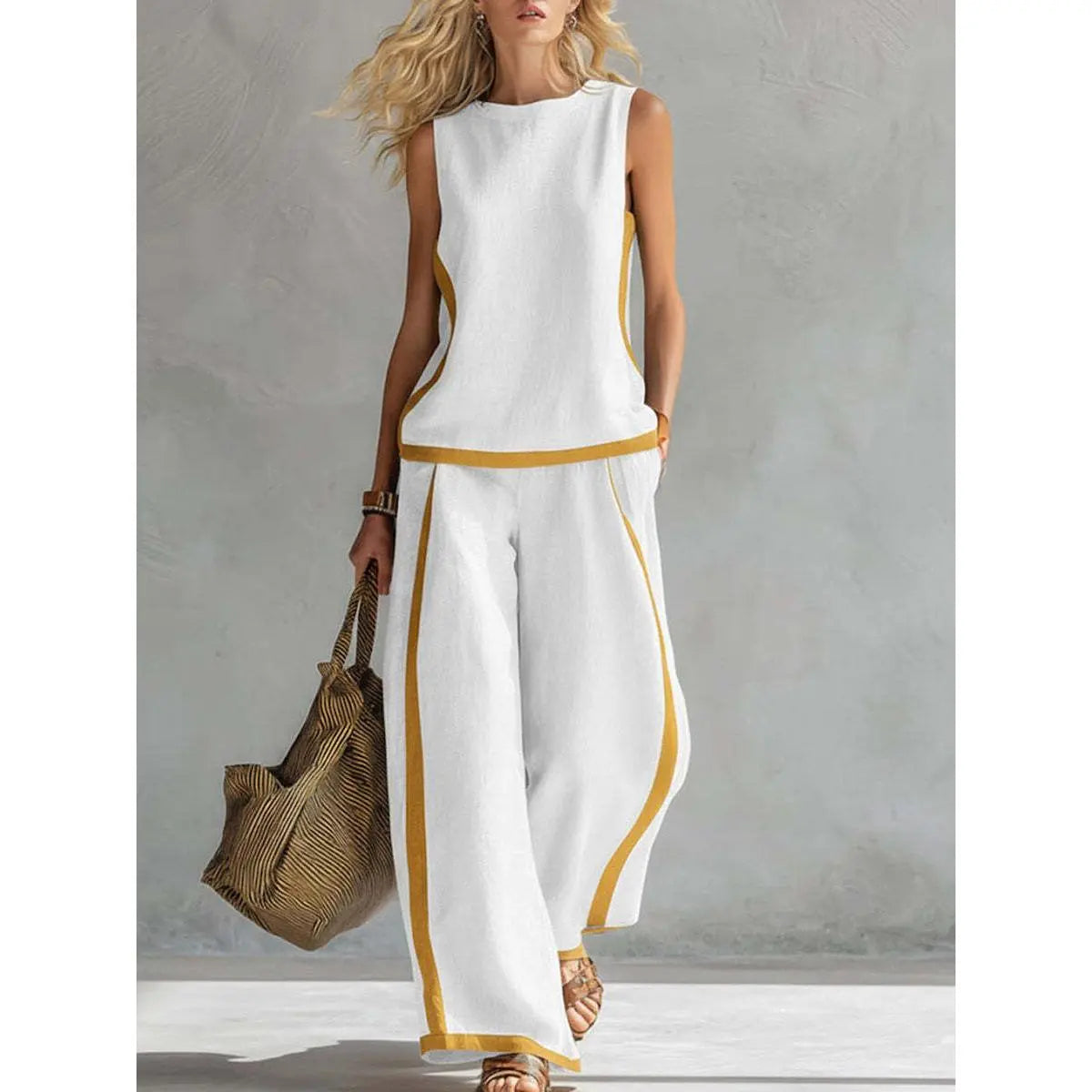 2026  Blend Two Piece Set for Women Sleeveless Color Block Top Wide Leg Pants Set Casual Summer Outfit # Set # WideLegPants # ColorBlock # SummerOutfit # BohoFashion # CasualWear # Outfit of the Day # WomensFashion