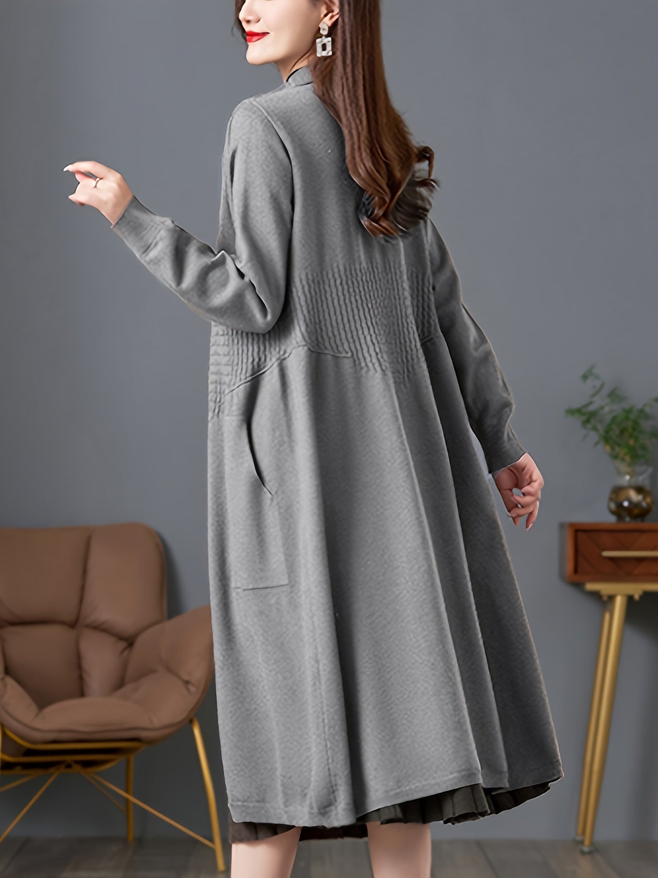 Solid Button Front Duster Cardigan, Casual Long Sleeve Slant Pockets Midi Cardigan For Fall & Winter, Women's Clothing