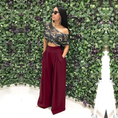 Women's Plain Plicated Pocket Wide Leg Pants, Casual Comfy High Waist Trousers for Summer, Ladies Bottoms for Daily Wear