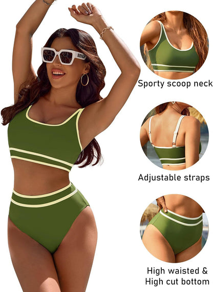 Women's High Waisted Bikini Sets Sporty Two Piece Swimsuits Color Block Cheeky High Cut Bathing Suits - Seldom Seen Styles