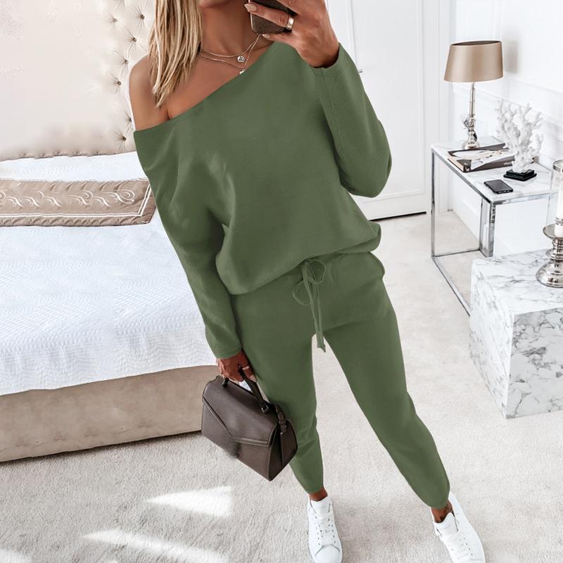 Women's 2 Piece Outfit Nope Not Today Print Skew Neck Long Sleeve Pullover Top with Stretchy Waist Long Pants Tracksuit Jogger Set - Seldom Seen Styles