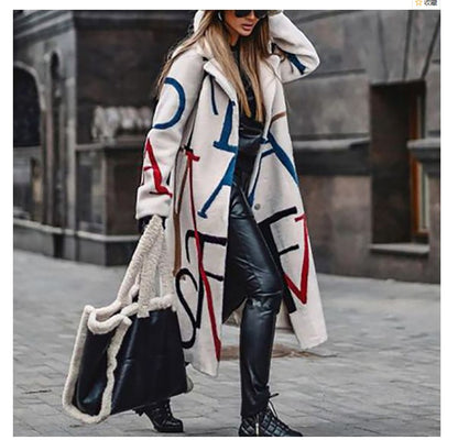 New Arrival  Autumn Foreign Women's Clothing  Long Sleeve Turn-down Collar Coat Printed Woolen Long-Cut Coat