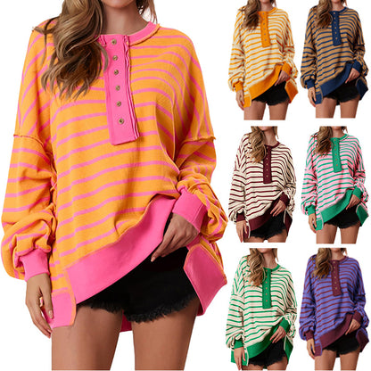 Bela – Sweat-shirts amples rayés pour femmes, hauts Henley, pulls décontractés à blocs de couleurs, hauts en tricot gaufré