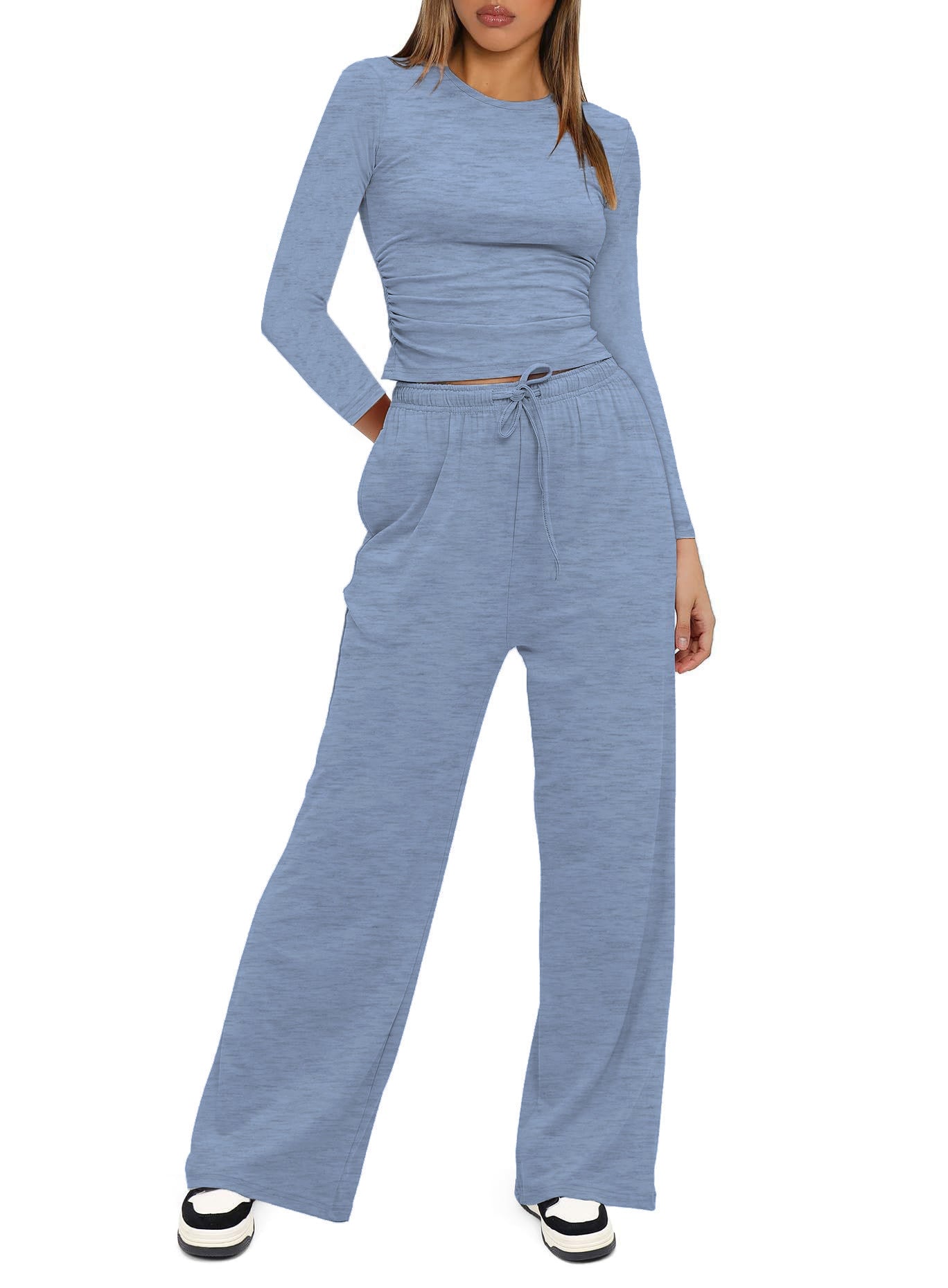 Two-piece Set Women's Solid Ruched Tee & Drawstring Pocket Pants Pajamas Set, Casual Long Sleeve T-shirt & Elastic Waist Trousers, Ladies Sleepwear  Loungewear for All Seasons - Seldom Seen Styles