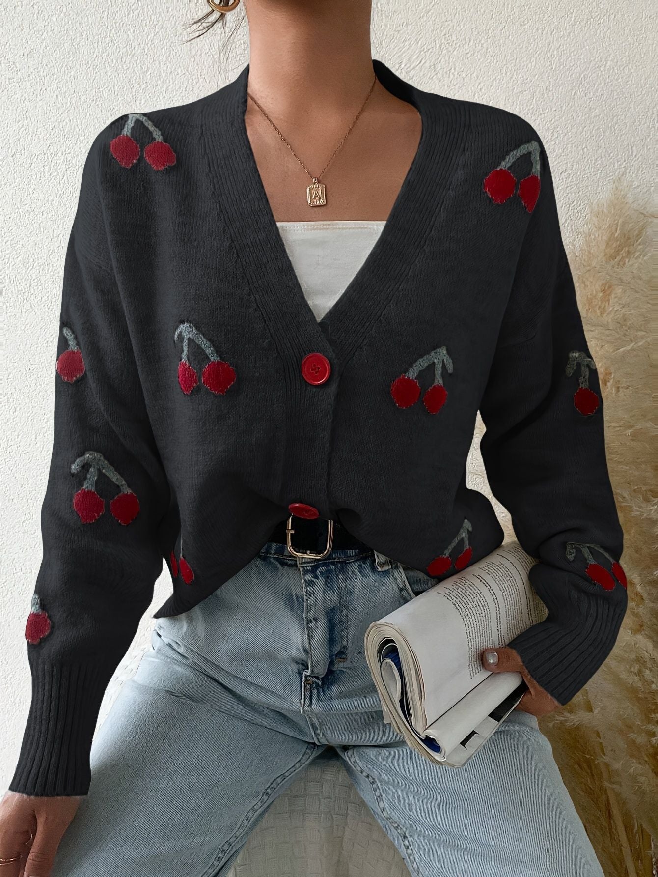 Women's Cherry Pattern Button Front Knitting Longsleeves Cardigan, Casual Elegant Long Sleeve Sweater Cardigan for Fall &amp; Winter, Women's Knit Clothing for Daily Wear, Cardigan for Women, Women's Cardigan, Womenswear, Knitwear, Clothe - Seldom Seen Styles