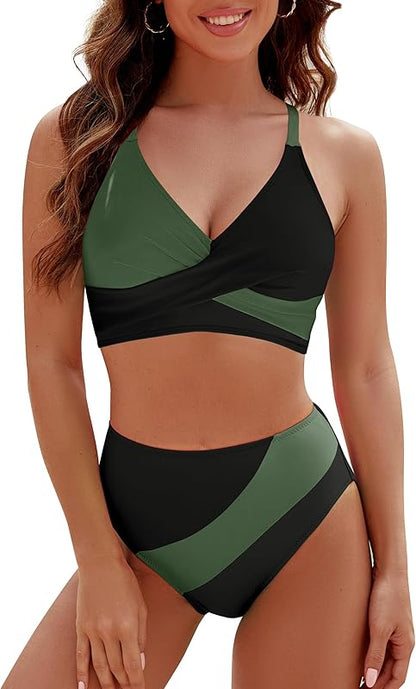 Womens High Waisted Bikini Sets Criss Cross Two Piece Swimsuits Color Block Full Coverage Bathing Suits - Seldom Seen Styles