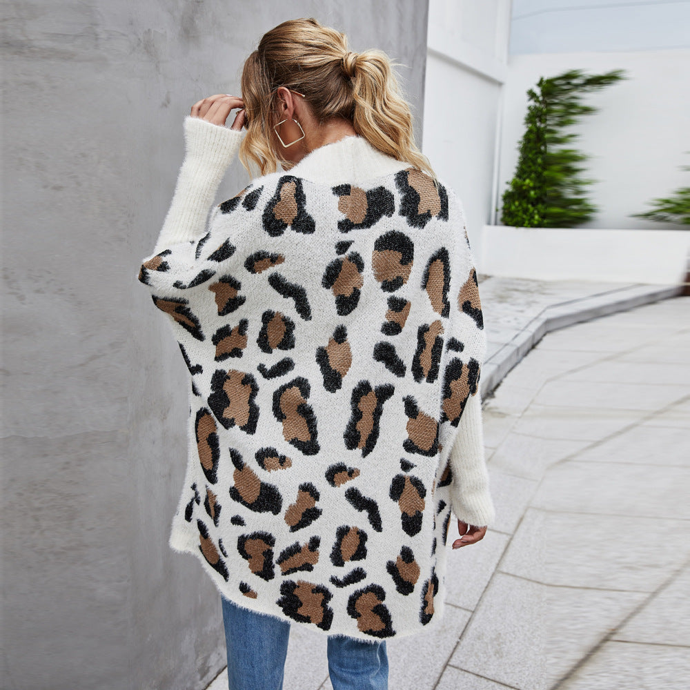 2024New Winter Clothes European and American Foreign Trade Women's plus Size Cardigan Coat Personality Fashion Leopard Print Knitwear Sweater Women