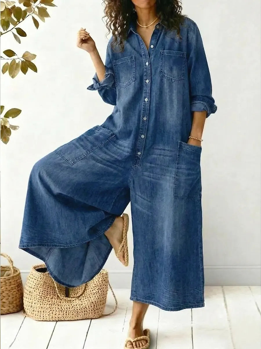 Women's Cotton Casual Jumpsuit Loose Fit Ankle Length Patch Pocket Summer Lounge Outfit - Seldom Seen Styles