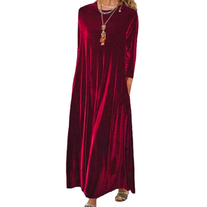 Cross-Border2024Amazon Spring New Gold Velvet European and American Slimming Temperament Crew Neck Long Dress