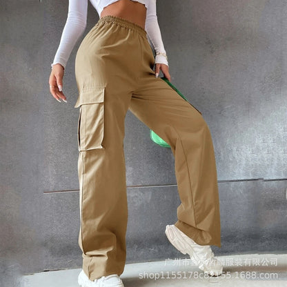 Girl's Elastic Waist Trousers Loose Straight Leg Flap Pocket Cargo Pants