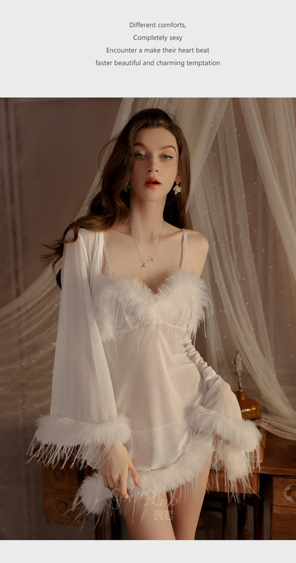 Womens Sexy 3 Piece Fuzzy Lingerie Set Transparent Tulle Nightshirt With Robe and G-String