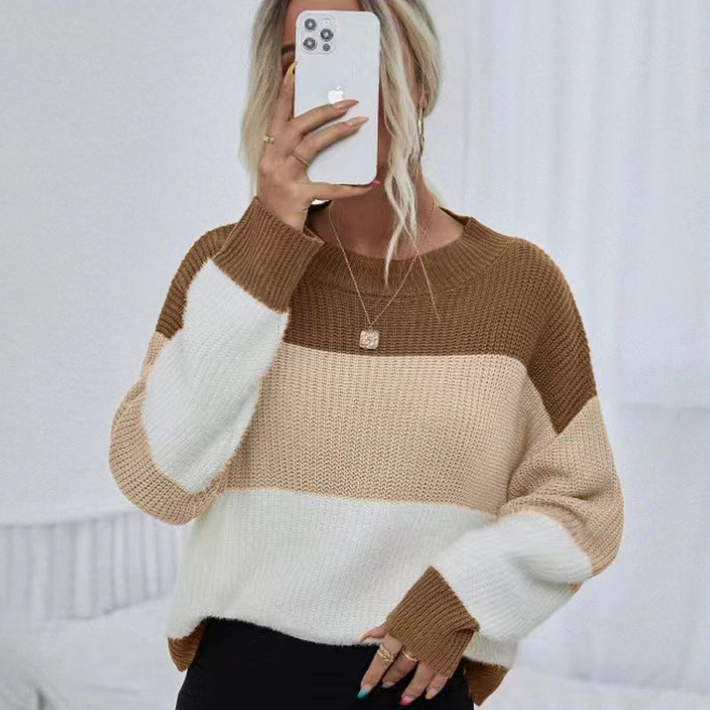 2024Amazon Autumn and Winter Cross-Border Women's Knitted Fashion round Neck Pullover Stripe Contrast Color Sweater Women