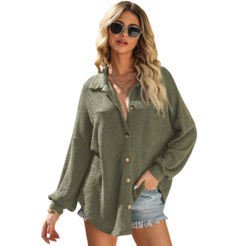 European and American Fashion Waffle Casual Shirt Women's Independent Station New Solid Color Loose Long Sleeves Cardigan Sweater Women's