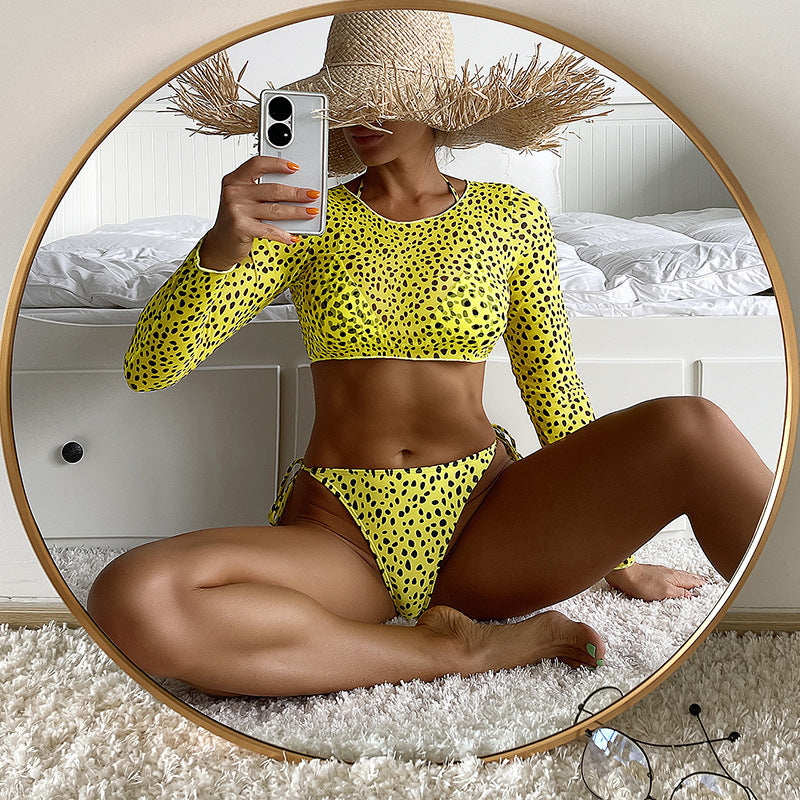 nicole bikini polka dot bikini floral bikini Swimwear Long Sleeve Mesh Jacket Women's Three-Piece Swimsuit Leopard Print Bikini - Seldom Seen Styles