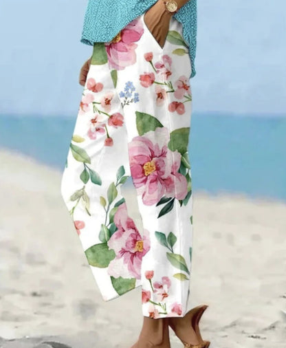 Leinenhose Damen Sommer Elastische Taille Gerades Bein Übergröße Crop Pants Lässige Strandhose mit Taschen