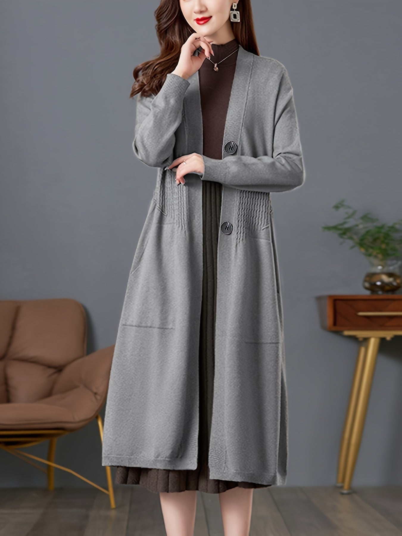 Solid Button Front Duster Cardigan, Casual Long Sleeve Slant Pockets Midi Cardigan For Fall & Winter, Women's Clothing