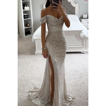 sequin prom dresses strapless sequin dress Split Dress off-Shoulder INS  Fashion low cut maxi Dress for Women