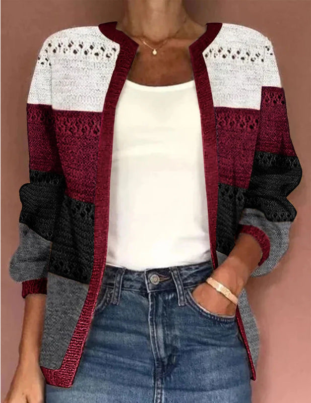 New Cross-Border Knitting Hot Sale2023Autumn and Winter European and American Amazon wishHot Selling Women's Wear Color Matching Hollow out Cardigan