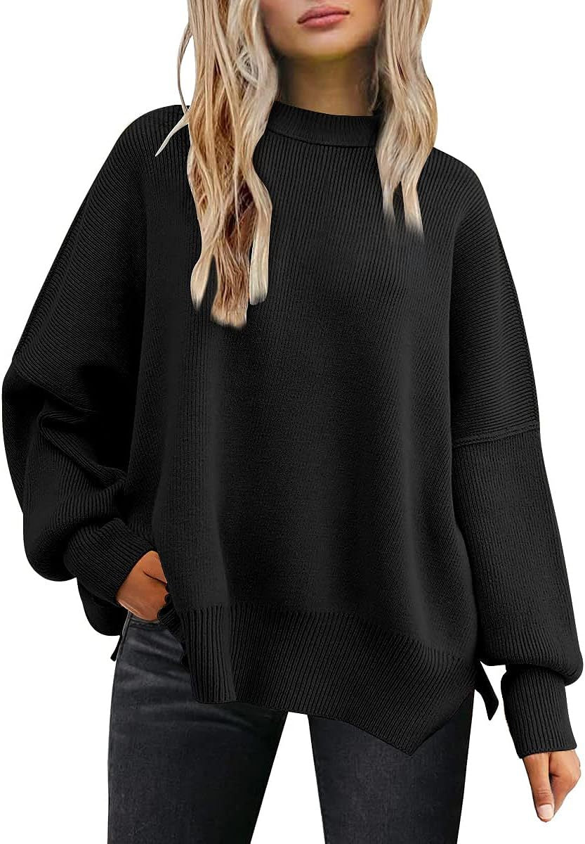 Women's Oversized Batwing Sweaters 2024 Fall Outfits Crewneck Ribbed Knit Side Slit Trendy Pullover Tops